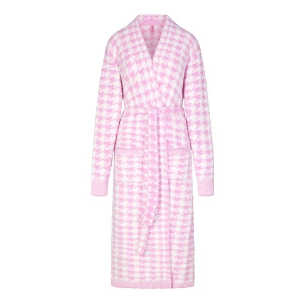 NWT SKIMS Pink Houndstooth COZY KNIT UNISEX ROBE Size L/XL